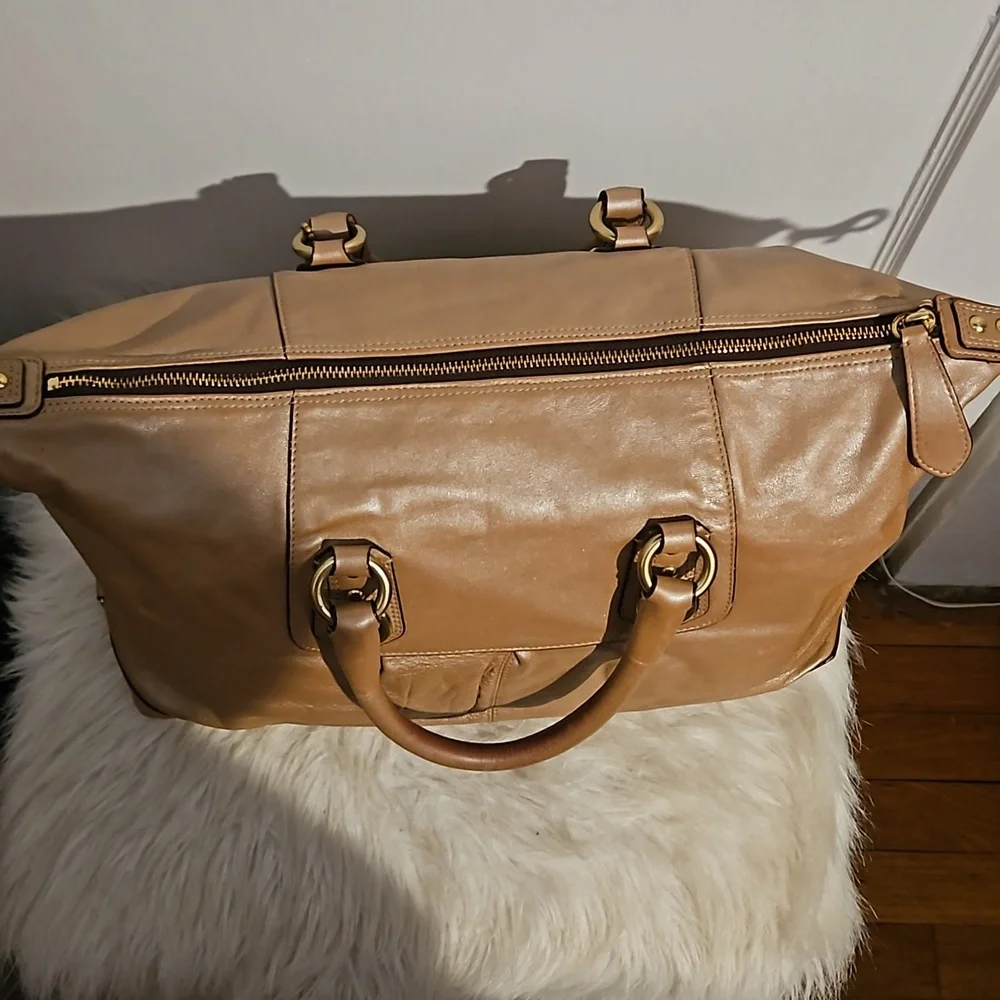 Coach Ashley Shimmery Tan Or Metallic Gold Bronze Leather Script Satchel F15447 - Picture 4 of 12